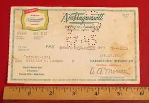 1957 PAY CHECK EARNINGS WAGE EMPLOYEE WORKER NARRAGANSETT BEER BREWING CO. RI !! - Picture 1 of 1