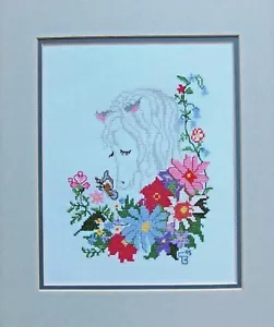 * Completed Cross Stitch HORSE & BUTTERFLY 13.5"X 10.5" UNFRAMED - Picture 1 of 3