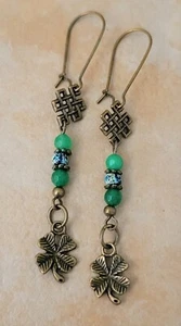Bronze Four Leaf Clover Earrings Irish Green Agate, Picasso Bead, Hook Earwires - Picture 1 of 11