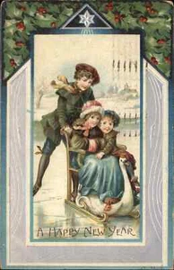 Neujahr Eislaufen Junge schiebt Mädchen auf Schwanenstuhl um 1910 Vintage Postkarte - Bild 1 von 2