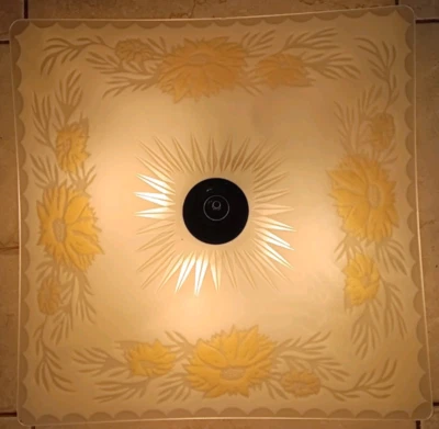 Vintage MCM Brass 4 Bulb Ceiling Mount Light Fixture with 17-1/4" Glass Shade - Image 1 of 4