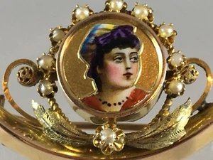 Antike 14K Gold viktorianischer Halbmond handbemalte Emaille Dame Mädchen Porträt Pin - Bild 1 von 8