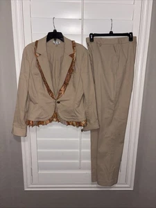 St. John Sport Marie Gray 2PC Khaki Cotton Suit Fringed Size Large/Size 16 Pant - Picture 1 of 16