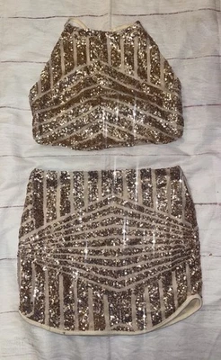 Womens Small Gold Sequin Skirt Cropped Top Set Costume Dancewear Clubwear  - Image 1 of 2