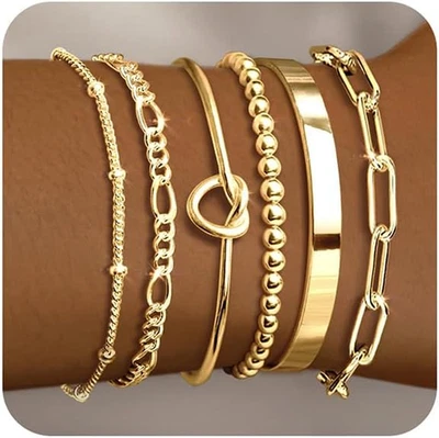 Gold Bracelets for Women 18K Gold Plated Bracelet Stack Bangle Cuff Bracelet Set - Image 1 of 4