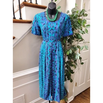 Vintage Coco Bianco Blue 100% Rayon Round Neck Short Sleeve Maxi Dress Size 12 - Image 1 of 4