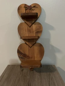 Vintage Wooden Triple Heart Rack Display Shelf Decor Wood Wall Mount w/ Peg 21" - Picture 1 of 8