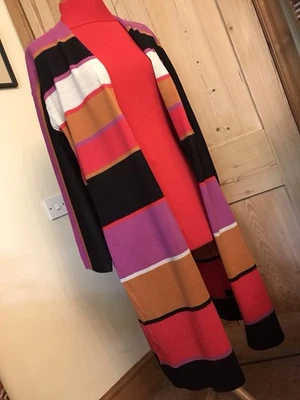 STUNNING CARDIGAN COAT 14 STRIPED VIBRANT LONG WRAP PINK PURPLE BLACK BOHO RETRO - Image 1 of 4