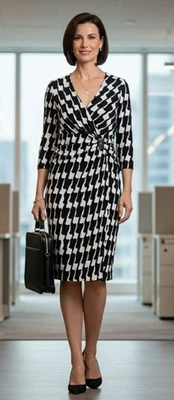 Kasper Black & White Geo Print Gathered Waist Sheath Dress Washable Womens Sz 10 - Image 1 of 4