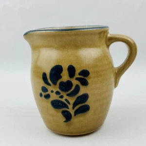 Pfaltzgraff Folk Art Creamer Pitcher Blue Floral Tan Stoneware USA - Picture 1 of 8
