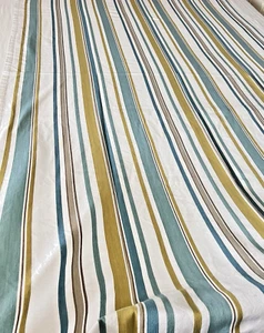 Crate & Barrel Calla Stripe Tablecloth 56 X 93 Teal Taupe 100% Cotton Beachy - Picture 1 of 8