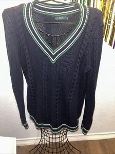 Lauren Ralph Lauren Sweater Women Blue Cable Knit V Neck Pullover Preppy SZ Med - Picture 1 of 8