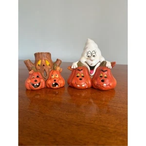 Keramik 2er Set Halloween Deko Baum und Kürbisse & Geist mit Kürbis Vintage - Bild 1 von 6