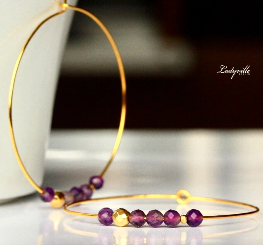 Creole Amethyst Perlen gold Geburtsstein Ohrringe Geschenk Frau Schwester - Bild 1 von 4