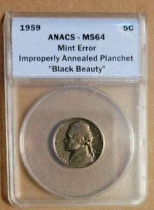 1959 5C Jefferson Nickel ANACS MS 64 Improperly Annealed Planchet Black Beauty