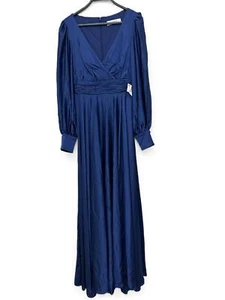 NWT MAC DUGGAL Blue Long Sleeve V-Neck Pleated Evening Gown 67847 Size 4 - Picture 1 of 9
