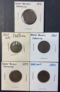 Great Britain 1 Farthing 5 Coin lot - 1841, 1860, 1861, 1872, 1880 - Picture 1 of 11
