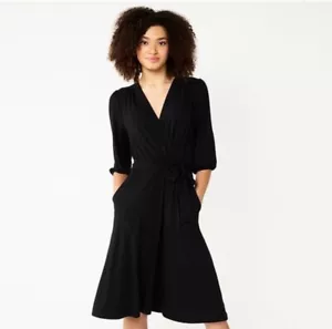 Draper James RSVP Stretch Knit Wrap Flowy Classic V Neck Midi Dress Black S - Picture 1 of 11