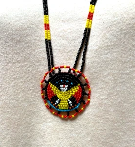Vtg Native American Thunderbird Medallion Seed Bead Necklace 28" Leather Backing - Picture 1 of 9