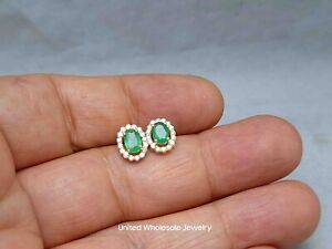 1.50ct Genuine Mined Emerald & Diamond Stud Earrings In Solid 14K Yellow Gold