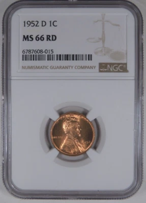 1952-D 1C NGC MS 66 RD Lincoln Wheat Cent [015] - Image 1 of 4