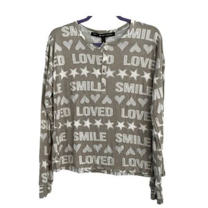 Aqua Lounge Bloomingdales Henley Sleep Shirt Tan White Knit Graphic Print Long S - Picture 1 of 6