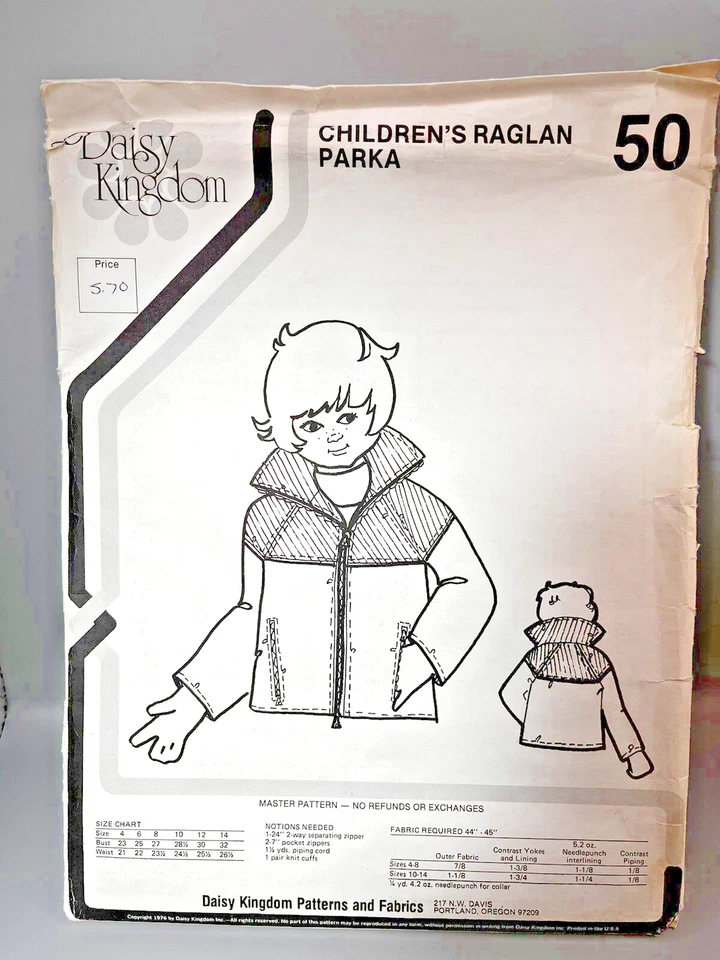 VTG DAISY KINGDOM  Sewing Pattern CHILDREN'S RAGLAN PARKA 50 UNCUT SZ 4-14 - Image 1 of 2