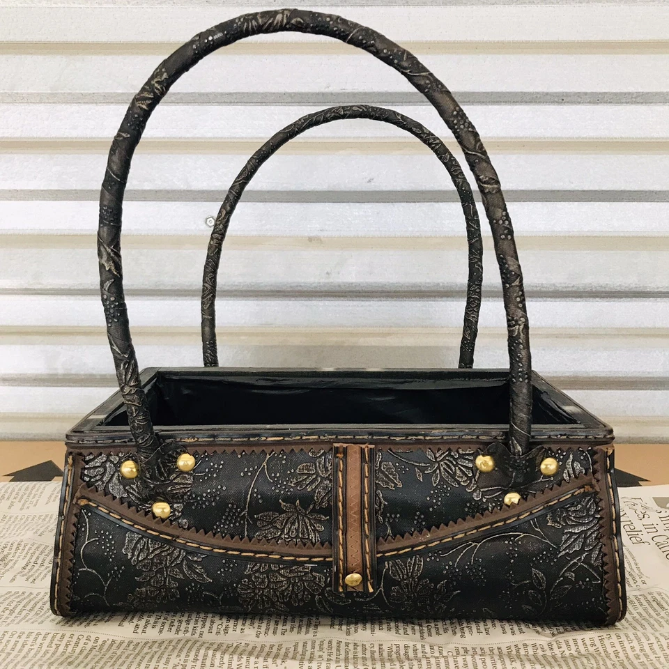 Studded Wood Frame Handbag Purse Plant Flower Seed Basket Planter Home Garden - Image 1 of 4