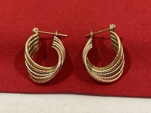 14k Solid Yellow White & Rose Gold Tricolor Five Curved Textured Hoop EARRINGS - Picture 1 of 19