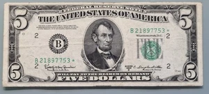 Billete de cinco dólares de la Reserva Federal 1950 D billete de 5 estrellas circulado #96466 - Imagen 1 de 2