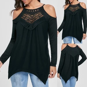 Women Lace Boho Cold Shoulder Tunic Tops T-Shirt Long Sleeve Casual Loose Blouse - Picture 1 of 16