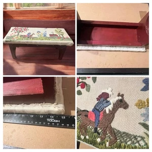 Equestrian horse and girl needlepoint top wood legs footstool 15inch Vtg small * - Picture 1 of 18