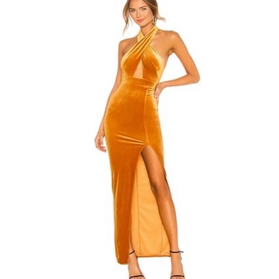 NWOT MICHAEL COSTELLO X REVOLVE Presley Gown in Mustard Velvet Dress Halter Neck - Image 1 of 4