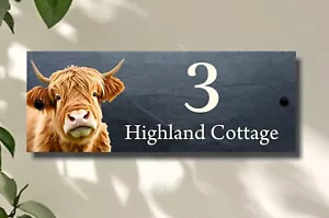Letrero de casa de pizarra natural de alta calidad Highland Cow número de nombre de calle - Imagen 1 de 7