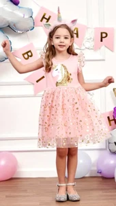 New Summer Girls Cotton Cartoon Unicorn Mesh Shiny Party Dress / Costume 7/8 - Picture 1 of 4