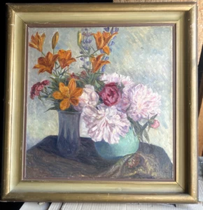 ::ÖLGEMÄLDE °UNLESERLICH SIGNIERT °PFINGSTROSEN UND TAGLILIEN UM 1930 BLÜTE VASE - Bild 1 von 6