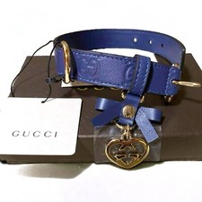 GUCCI GG Dark Blue Dog Collar W/Charm 24.5-28.5cm Small Dog W/Box Unused