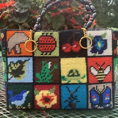 Completed Columbia Minerva Needlepoint Bob Miller Ecology Tote Bag 70s Purse Vtg - Image 1 of 4