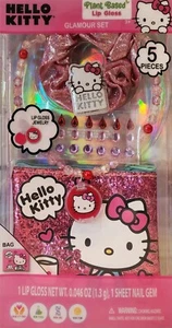 Hello Kitty 5 Pc Glamour Set Lip Gloss, Necklace, Hair Tie, Bag & Nail Gem NEW - Picture 1 of 2