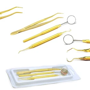 3 Pcs Basic Dental Set Mirror Explorer C. Plier Hollow Handle Gold Plated GLD-03 - Picture 1 of 6