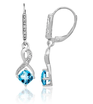 925 Sterling Silver Swiss Blue Topaz Diamond Dangle Earrings - Image 1 of 4