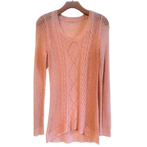 Rosa Strick Boho Glam Pullover Oberteil Langarm offen Webmuster Zopfmuster leicht -M - Bild 1 von 11