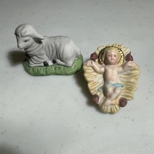 2pc Vintage Porcelain Baby Jesus & Lamb Figurines 3" Nativity Christmas Decor - Picture 1 of 5