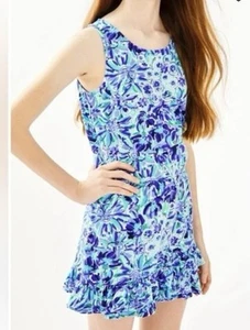 Lilly Pulitzer Venecia Blue Ruffle Beach Tropical Romper Shorts Girls XL 12-14 - Picture 1 of 11