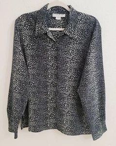 Claudia Richard Black & Gray Leopard Print Button Up Long Sleeve Blouse sz 12 - Picture 1 of 6