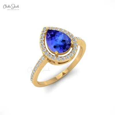 8x6m Pear Cut Tanzanite 14k Fine Gold Diamond Halo Wedding Ring Gift For Friend - Image 1 of 4