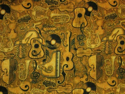 GUITAR MUSIC INSTRUMENTS NOTES RECORD PIANO MORE TAN DIGITAL COTTON FABRIC FQ  - Image 1 of 4