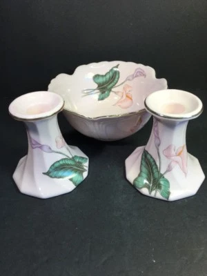 Toyo Misty 粉色虹膜瓷碗和烛台锥形和漂浮蜡烛 — 第 1/4 张图片