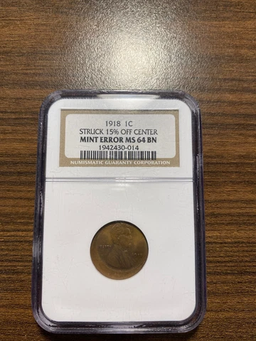 1918-P Lincoln Wheat Penny Mint Error Struck 15% Off Center NGC MS 64 Brown Cover