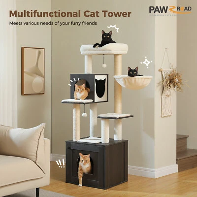 PAWZ Road Wooden Cat Tree Tower Scratching Post with Litter Box Enclosure Large  - Image 1 of 4